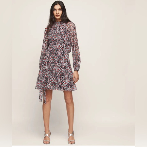 REISS January Dress Red Floral Boho Backless Flare Long Bishop Sleeve Size 10 - Picture 1 of 14